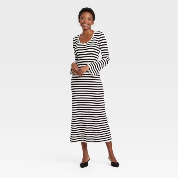 a new day Dresses & Skirts - A New Day Black & White Striped Ribbed Midi Dress Size Small EUC